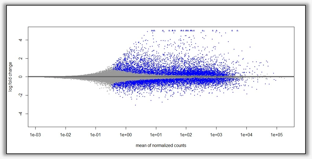 MA plot: log fold change versus mean normalized counts, with blue differential features; the source data are not identified as metagenomic
